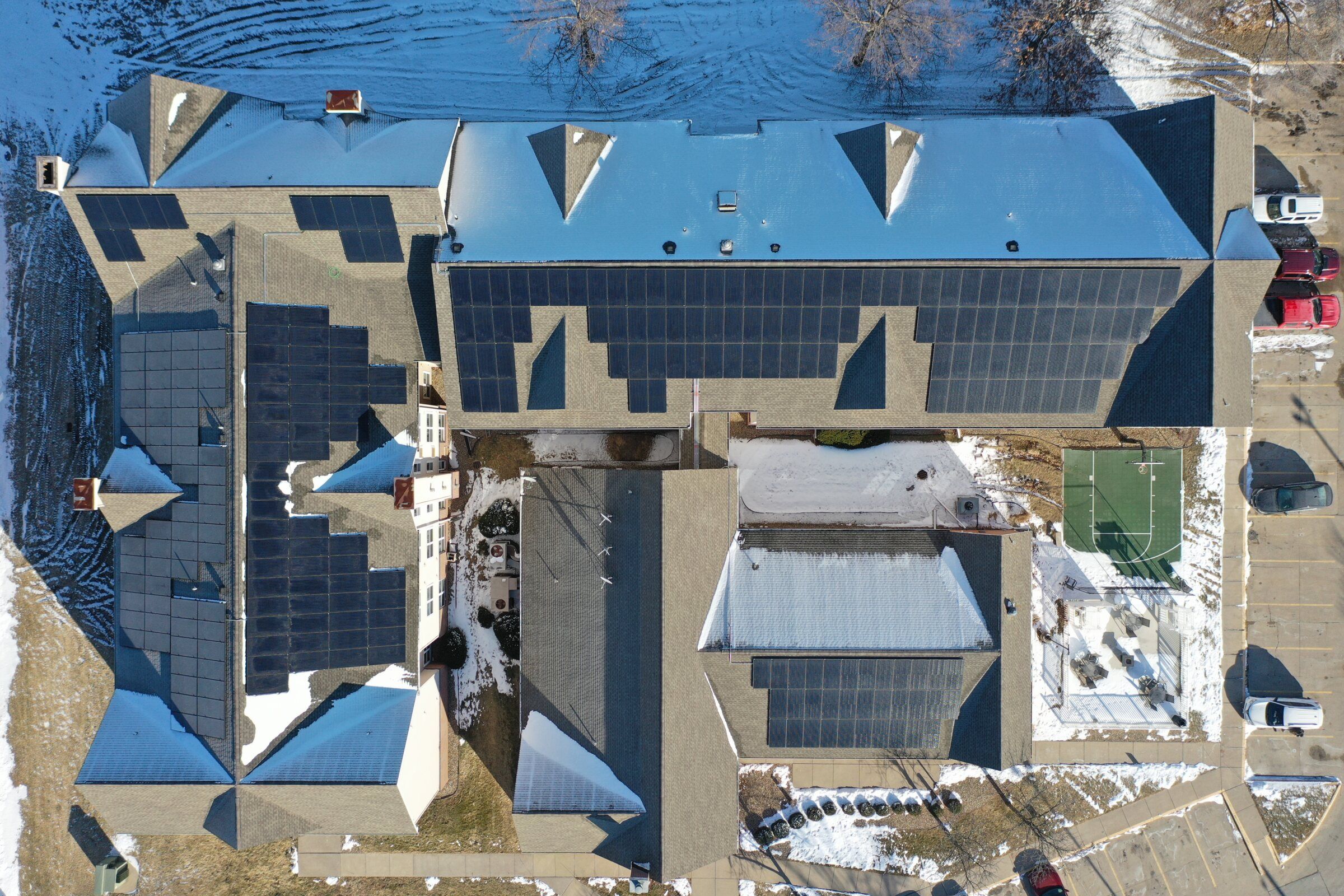 Overhead view of solar panels on the pitched roofs of the Residence Inn in Cedar Rapids, Iowa